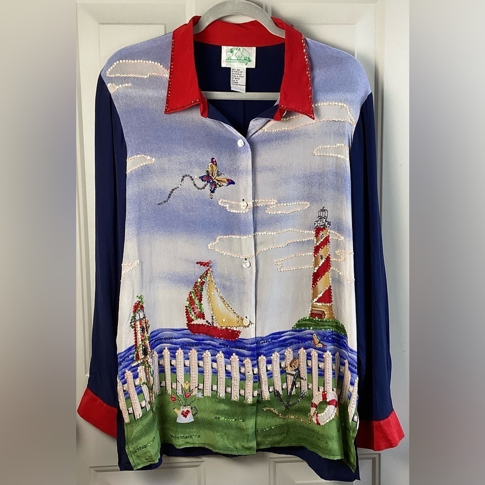 Quaker factory Silk Blue Red embroidered Sequin lighthouse sailboat button-up M